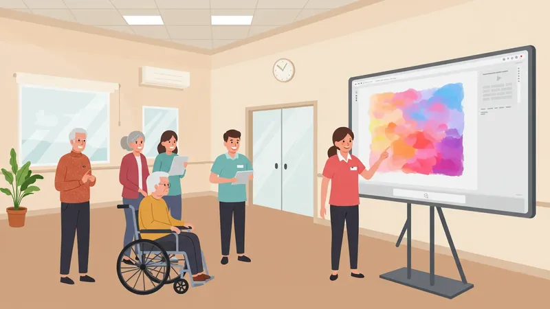 福祉施設でAIレクリエーションを楽しむ様子のイメージイラスト