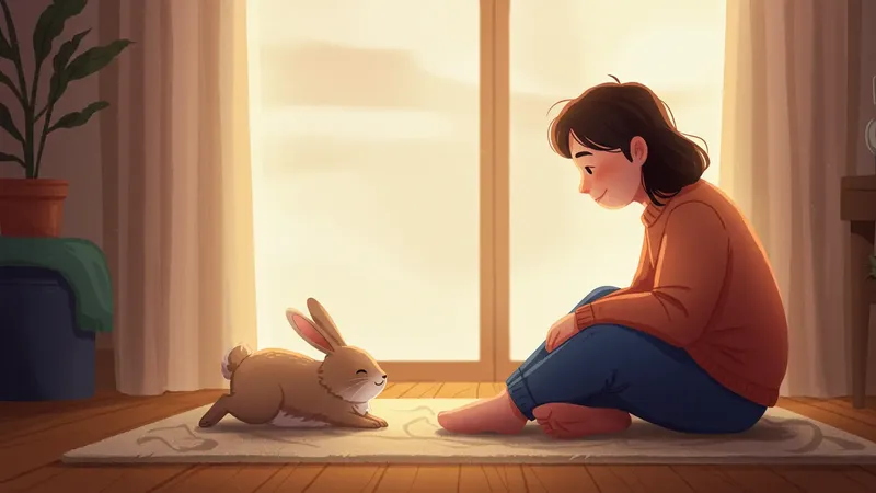 うさぎがリラックスして寝転がっている様子を、人が優しく見守っているイメージイラスト